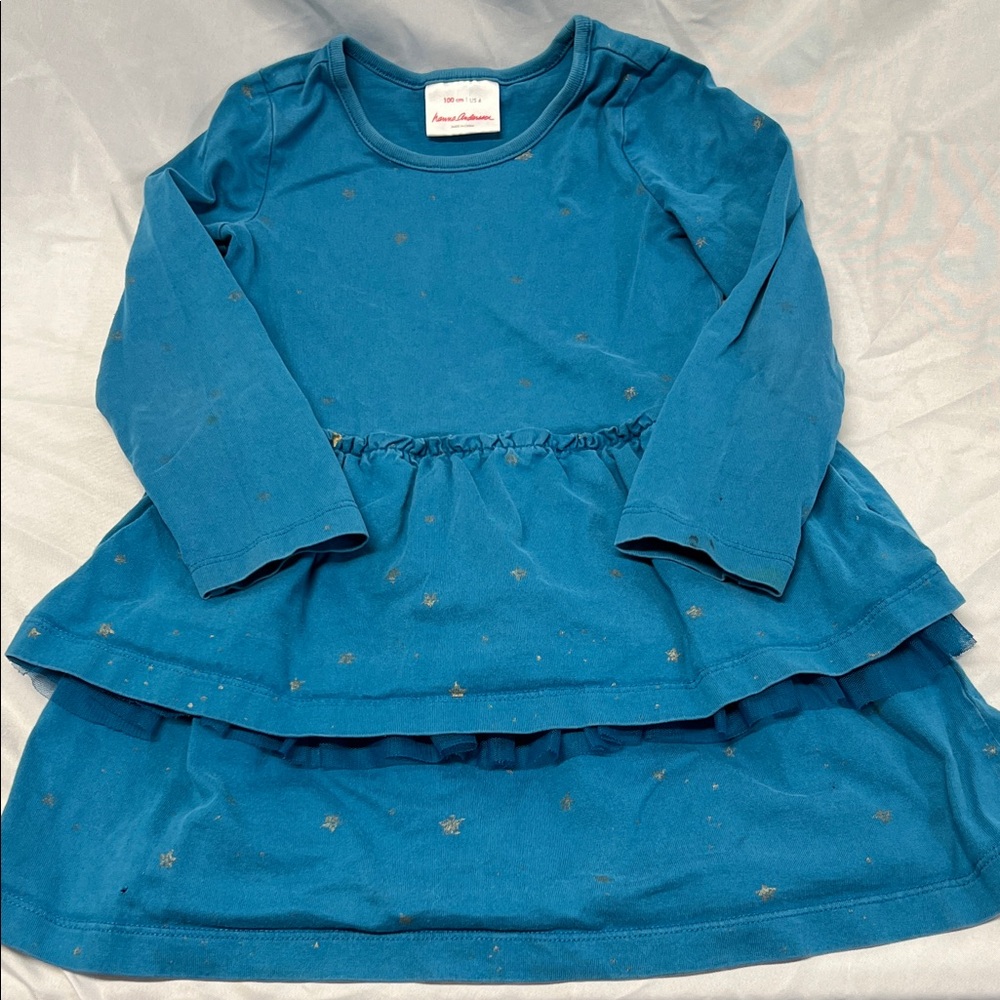Hanna Andersson Teal Dress Stars Design Long Sleeves Ruffle Accent Size 4